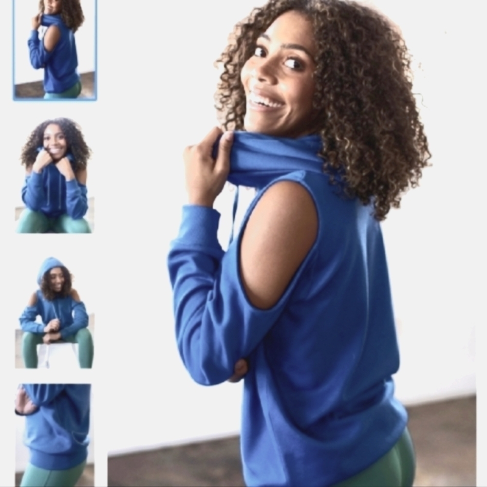 Savvi Hoodie Blue Camila Long Sleeve Cold Shoulder Pullover Sweatshirt